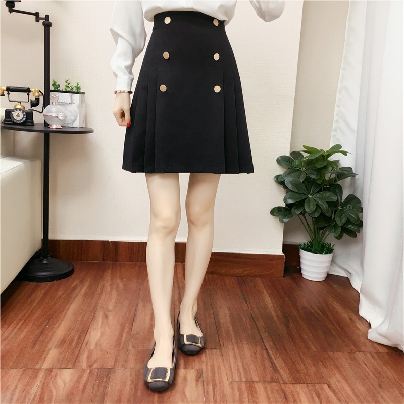 大码半身裙百褶裙女2020新款胖mm春季防走光双排扣高腰a字短裙秋