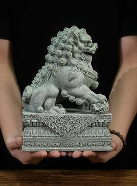 中式招财石狮子一对镇宅家用摆件庭院户外落地家居装饰青石石狮子