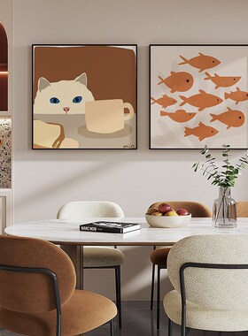 装饰画侘寂风高级感卡通猫咪画饭厅背景墙壁画正方形单幅挂画