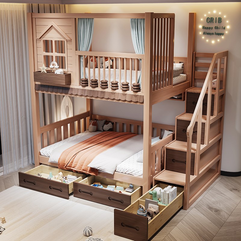 儿童全实木加高护栏上下床子母床多功能滑梯高低床上下同宽平行床