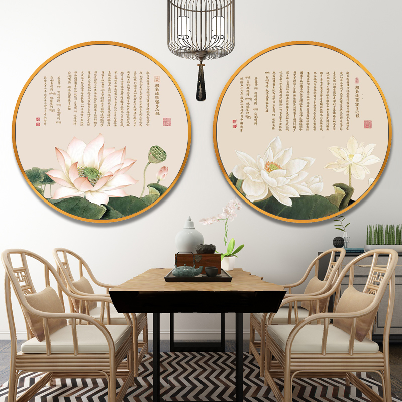 圆形荷花装饰画餐厅挂画新中式客厅玄关背景墙面茶室禅意莲花壁画图片