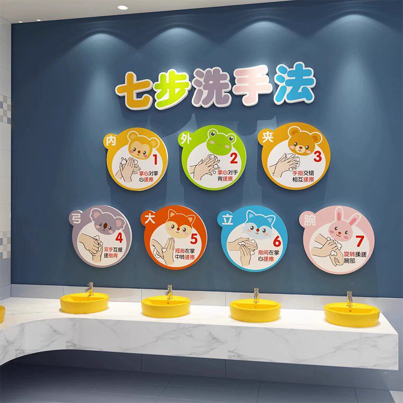 幼儿园现代儿童七步洗手法步骤图墙环创卡通厕所题立体画