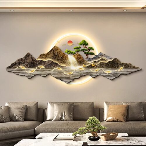 背靠山客厅装饰画沙发背景墙挂画山水风景聚财壁灯大气壁画