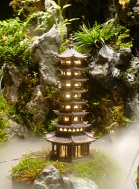 中式古风建筑鱼缸造景摆件假山水陆缸盆景微景观3D打印灯光六角塔