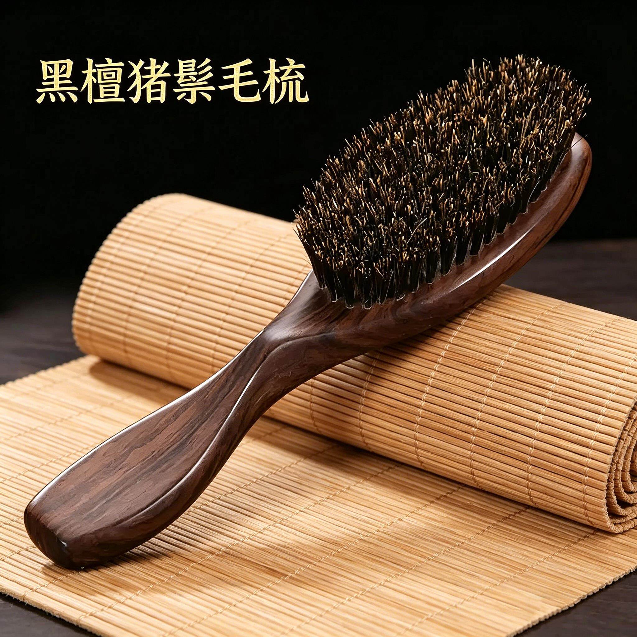 谭木千匠黑檀木猪鬃毛梳天然绿檀木梳男女顺髪直发头部按摩梳篷发