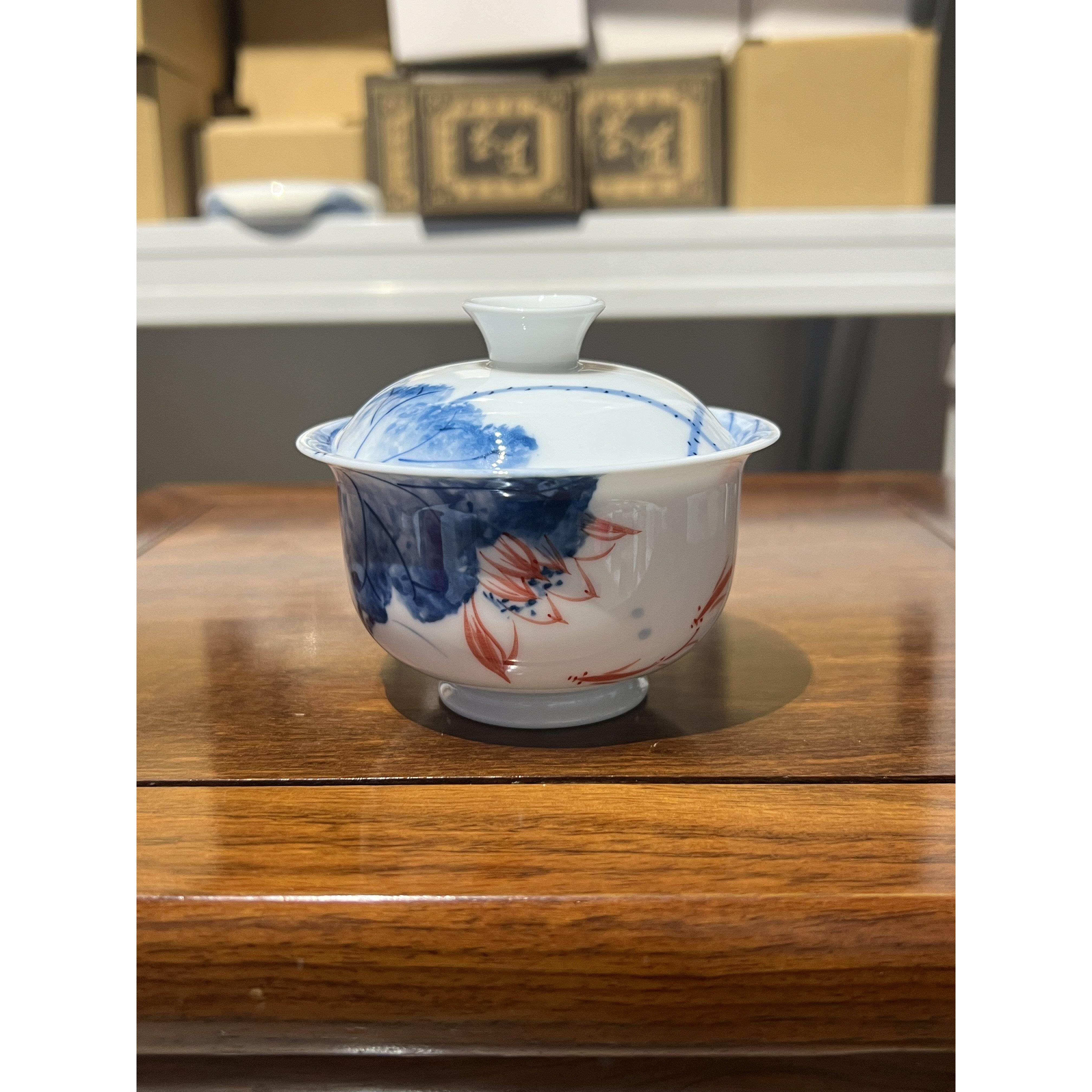 手绘荷塘月色元宝盖碗套装二才茶碗羊脂玉茶具茶器釉下彩薄胎茶具