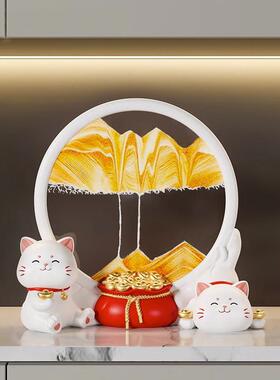 创意招财猫流沙画玄关客厅电视柜装饰办公室解压摆件乔迁开业礼物