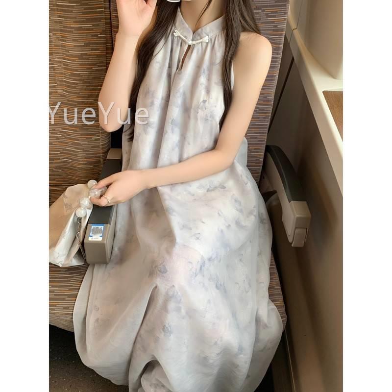假新中式国风水画挂墨感脖连衣裙女夏季气质高级网纱cc676C海边度
