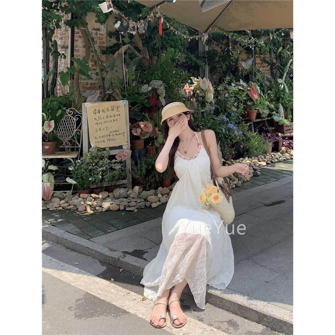 纯欲挂脖衣雪纺连裙女季海边度1853假法式露背裙子高级感白风夏色