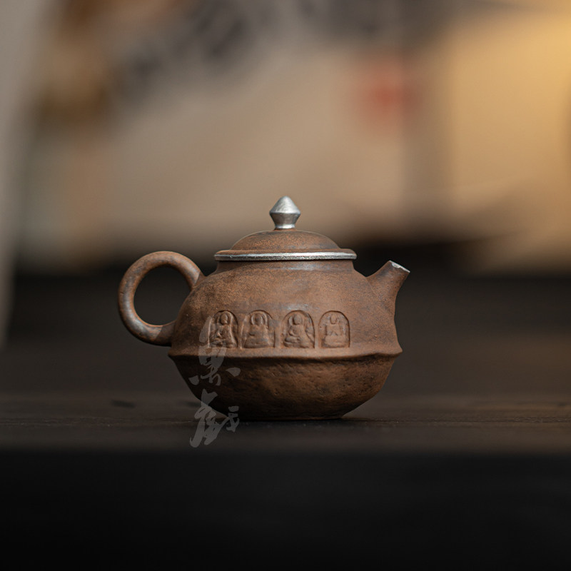 鱼戏老岩泥复古茶壶手工敦煌鎏银粗陶泡茶壶单壶手抓壶