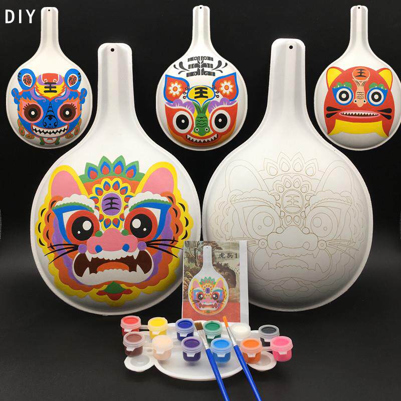 虎头传统文化手工美术课社火马勺脸谱绘画带纹白坯材料包