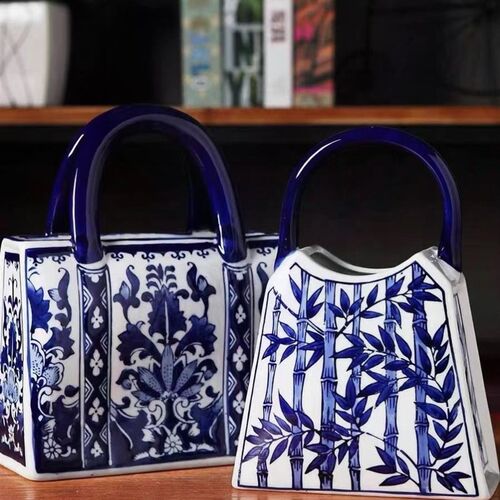 青新复古文艺手绘陶包瓶装饰品工艺品书桌博古架