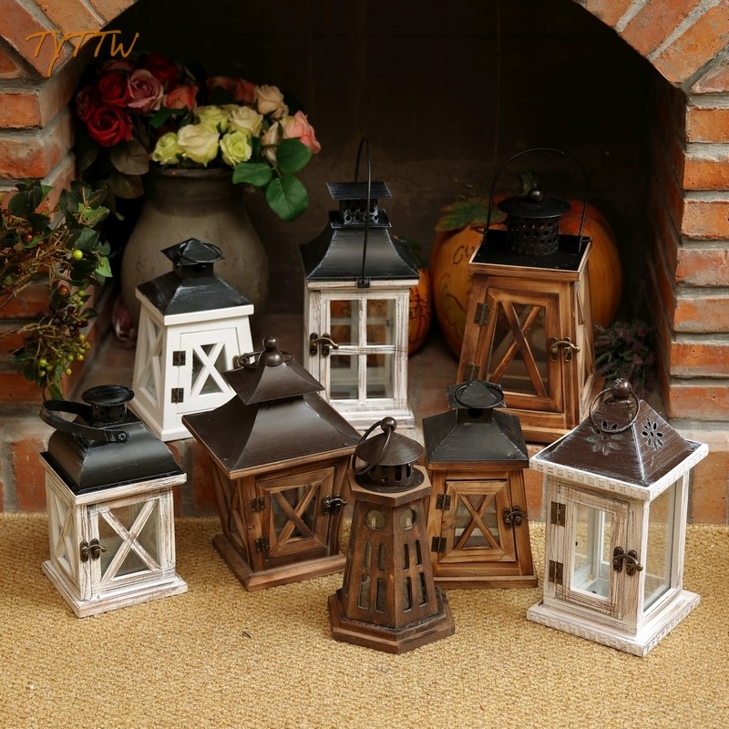 欧式复古木质玻璃风灯铁艺烛台装饰简约创意家居摆件送电子蜡烛