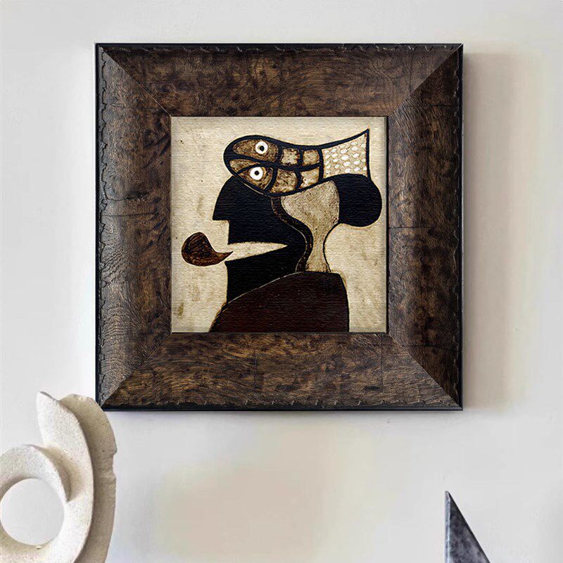 中古风皮革画框复古沙发背景墙客卧室装饰画样板房级感挂画