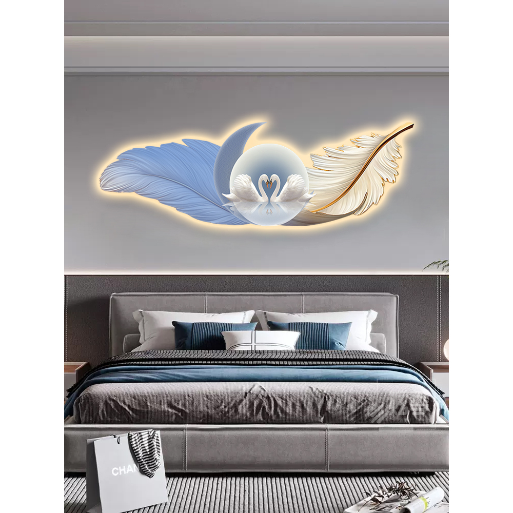 主卧室床头装饰画轻奢led灯画现代房间温L馨壁画高档天鹅羽毛挂画图片