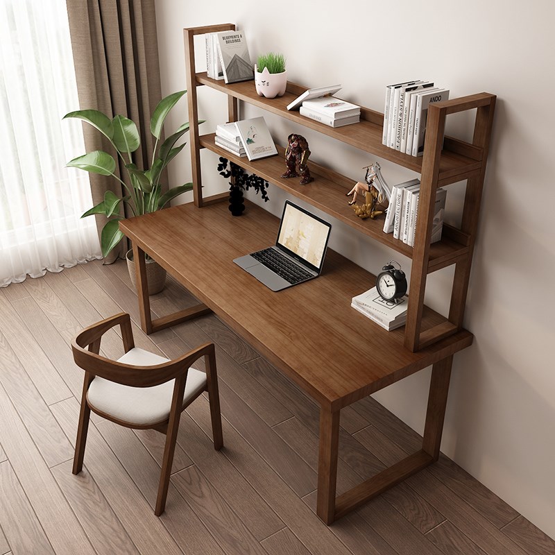 loft台式电脑桌实木双人书桌家用写字办公桌现代简约一体书架组合