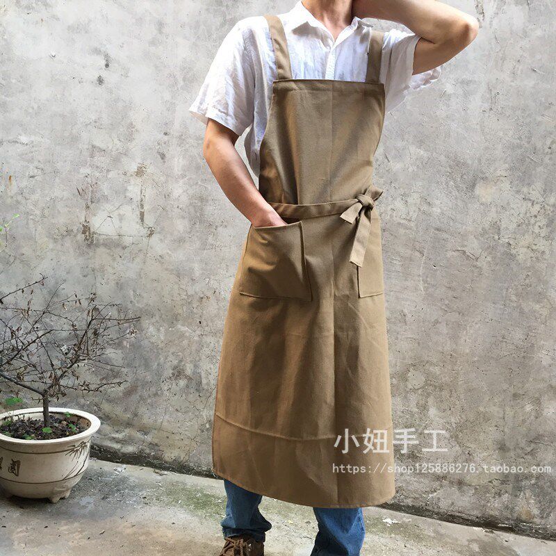 肩长款帆布围裙纯卡其布色手工工作文艺美术绘画烘焙木匠奶茶店