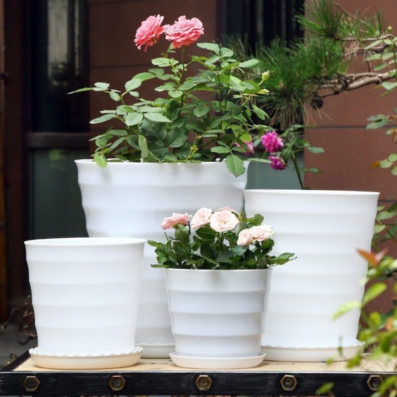 花盆陶瓷特大号30cm以上超大螺纹加厚黑白色仿陶瓷树脂塑料送托盘