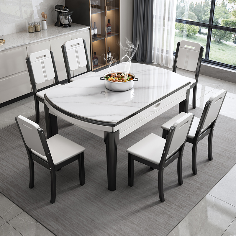 岩板餐桌椅组合轻奢现代简约实木圆桌家用伸缩折叠电磁炉吃饭桌