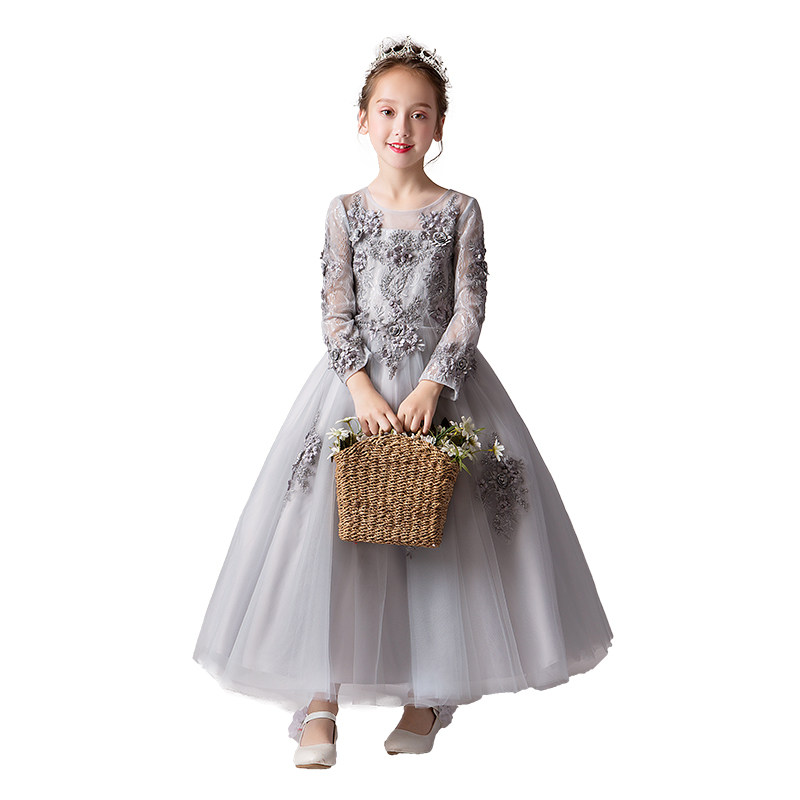 公主裙女童蓬蓬纱生日长袖走秀儿童主持人钢琴演出服表演礼服长裙