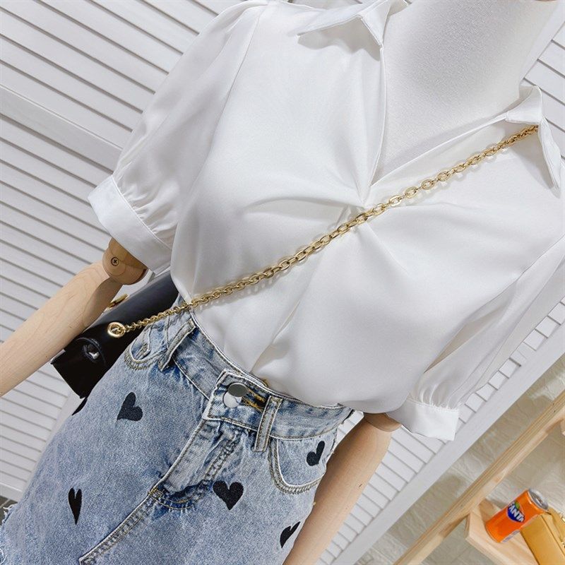 翻V领短袖垂感雪纺衬衫女夏季新款褶皱扭结套头衬衣职业工装上衣,女装/女士精品,衬衫,淘宝优惠券,粉丝福利购,淘宝优惠卷