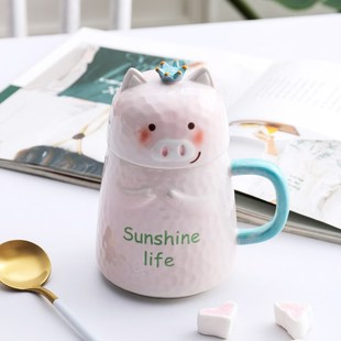 日式可爱陶瓷杯子带盖不带勺卡通水杯创意马克杯情侣杯咖啡杯礼品