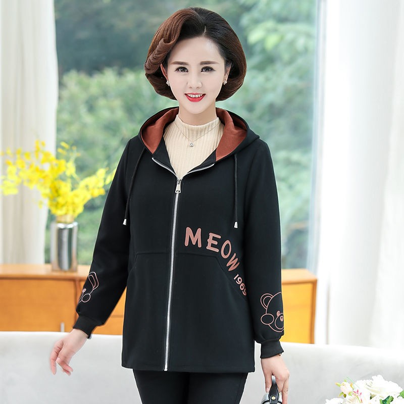 妈妈秋装外套女中老年大码宽松春秋新款加绒连帽上衣洋气卫衣开衫