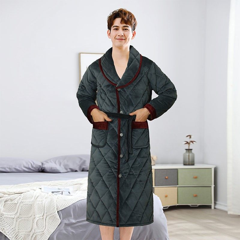 冬季男士睡袍法兰绒三层夹棉加绒加厚保暖家居服长款纽扣浴袍睡袍,女士内衣/男士内衣/家居服,睡袍/浴袍,淘宝优惠券,粉丝福利购,淘宝优惠卷
