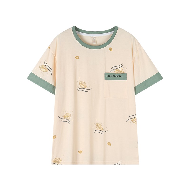 女士夏季短袖睡衣夏天纯棉中年妈妈休闲加大码单件居家上衣可外穿