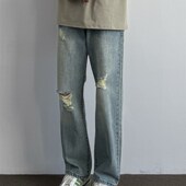 浅蓝色显瘦显高休闲长裤 ONUN复古水洗做旧破洞宽松直筒牛仔裤 美式