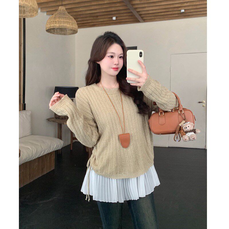 小吉家大码女装2025春装新款胖mm薄款针织衫百褶裙无袖背心裙套装
