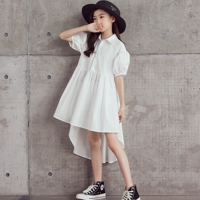 女童连衣裙夏装2024新款中大童黑色白色礼服衬衣裙前短后长燕尾裙