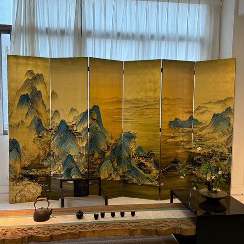 办公室客厅装饰屏风纯手绘山水画茶室隔断可折叠移动定制漆画屏风