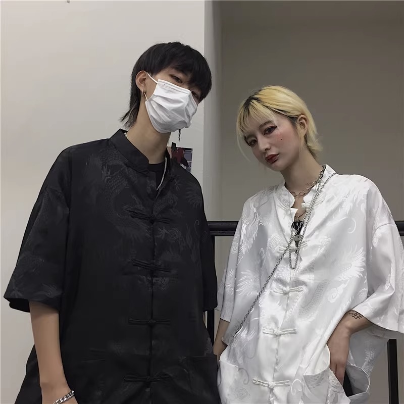 春夏季白色新中式国潮复古暗龙纹盘扣中国风禅意衬衫唐装外套男装