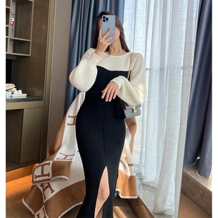 配大衣内搭毛衣裙秋冬女装中长款收腰显瘦气质打底白色针织连衣裙