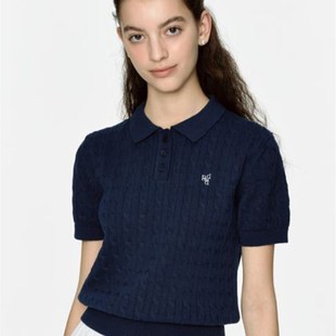 法式复古翻领麻花Polo衫短袖夏季纯棉美式t恤藏蓝色针织衫上衣女