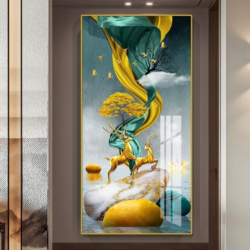 抽象画玄关装饰画铝合金外框入门面挂画竖版壁画玻璃过道走廊网红