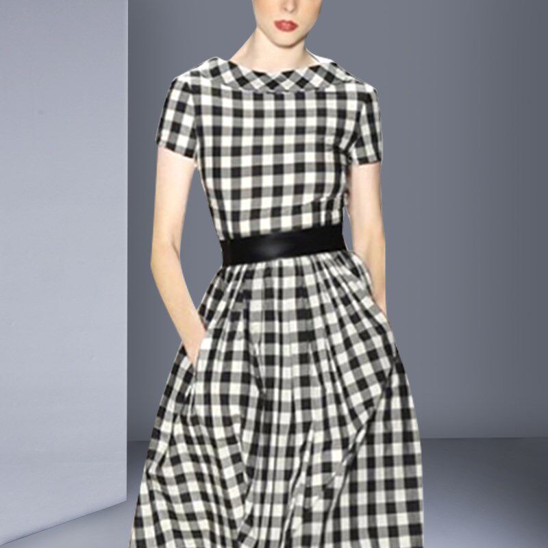2025夏季新款高档格子连衣裙短袖中长款时尚修身气质法式小A字裙