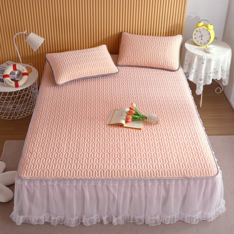 加厚床裙乳胶凉席蕾丝公主风防滑夏用水洗床罩折叠床品席子三件套