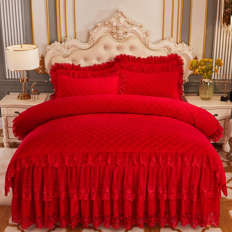 水晶绒夹棉床裙四件套秋冬保暖加厚双人防滑床罩加绒被套4件套