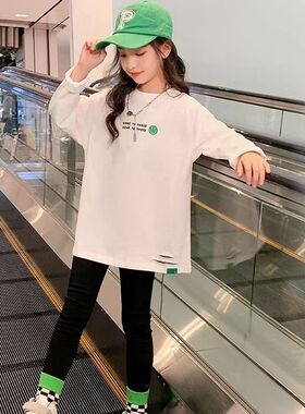 女童长袖t恤秋冬新款中大儿童洋气破洞上衣中长款百搭加绒打底衫