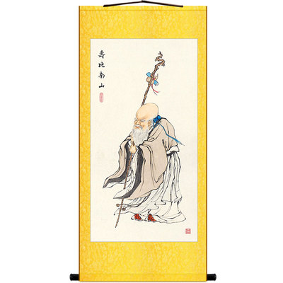 寿比南山图 寿星画像挂画 南极老人仙翁丝绸画 绢布卷轴画装饰画