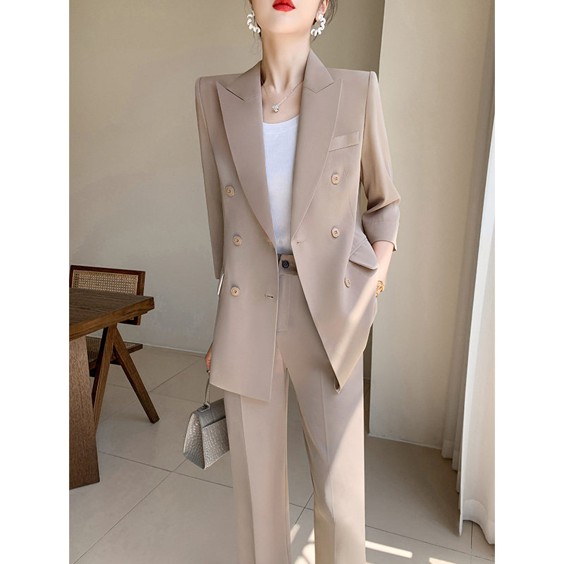 卡其休闲西装套装女2023新款夏薄款职业气质阔腿裤高级感西服外套