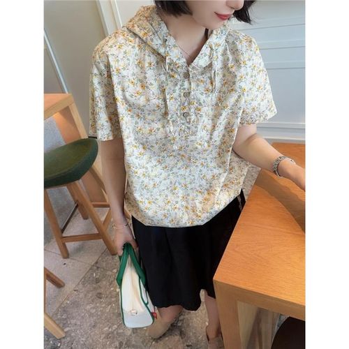 韩国东大门女装夏季甜美小清新碎花抽绳系带薄款连帽套头短袖小衫