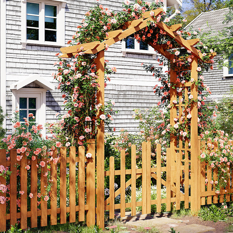 户外防腐木花园鲜花拱门带门葡萄架庭院半边拱形门院子花架爬藤架