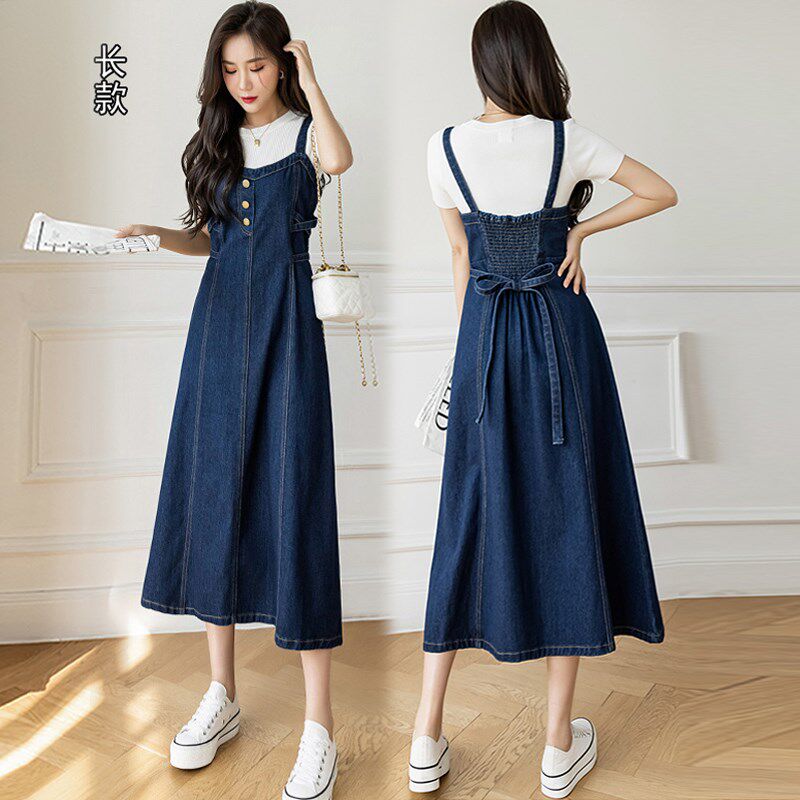 2024中长款收腰背带裙女加大码新款百搭宽松牛仔吊带a字连衣裙潮