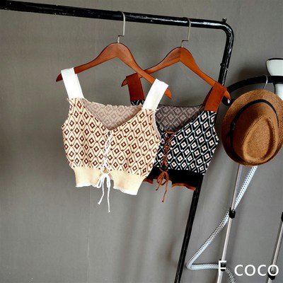 欧美格子针织吊带女2025夏季设计感短款收腰绑带撞色背心无袖上衣