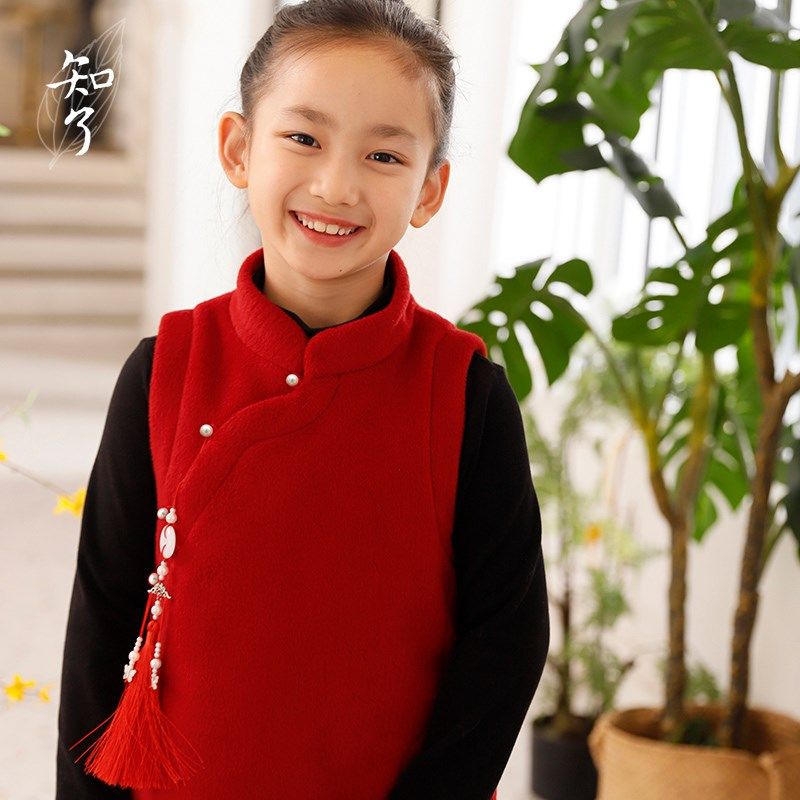 知了童装 新中式国风马甲夹棉呢子外套中长款冬款背心裙大童53322