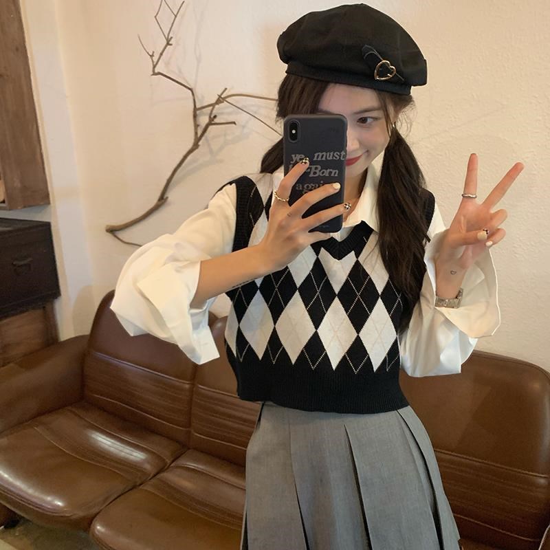 菱形格针织背心马甲衬衫两件套女小个子短款上衣无袖毛衣马夹外搭