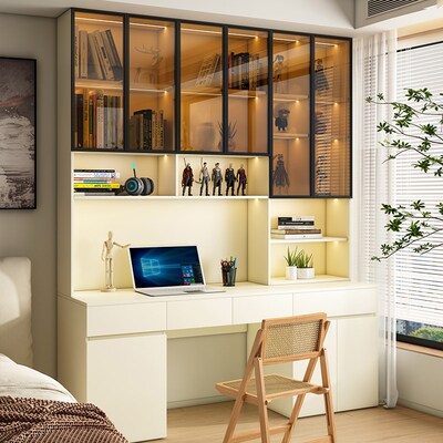 定制橡木全实木书桌玻璃书架一体带抽屉书柜儿童学习小户型书房桌